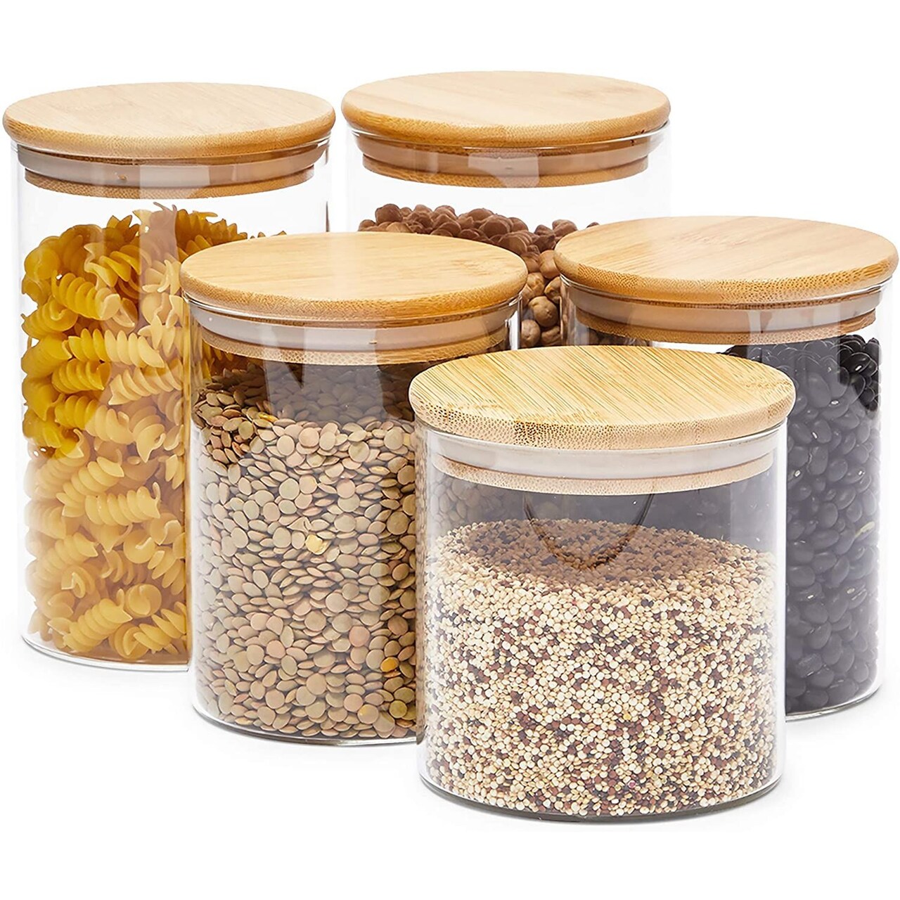 5-Pack Glass Canisters with Bamboo Lids, 3 Sizes for Pantry Storage